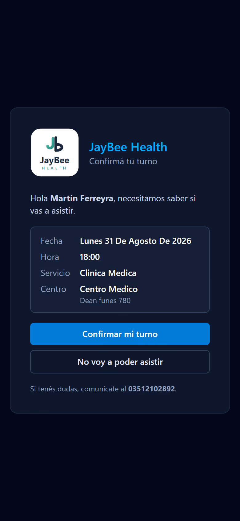 Página pública de confirmación de turno vista en un celular, con los botones de confirmar y cancelar